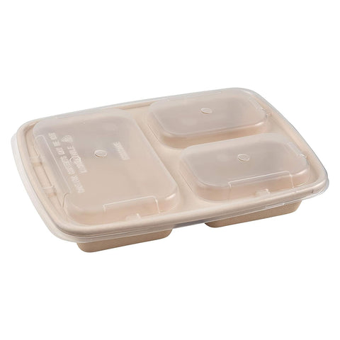 3 Compartment Compostable Rectangular Containers with Lids - 300 sets/case