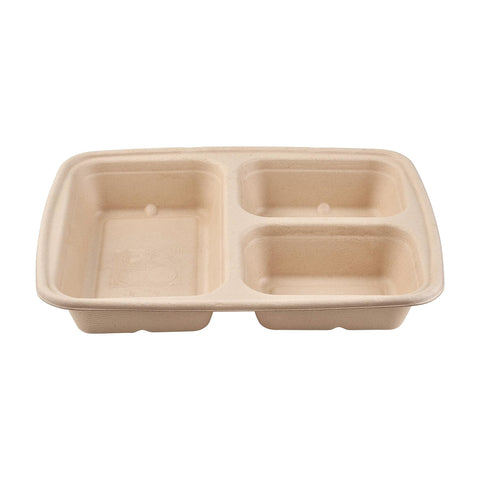 3 Compartment Compostable Rectangular Containers with Lids - 300 sets/case