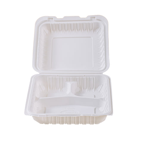 3-Compartment Microwaveable White Mineral-Filled Plastic Hinged Take-Out Container