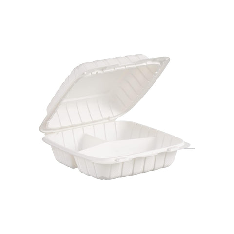 3-Compartment Microwaveable White Mineral-Filled Plastic Hinged Take-Out Container