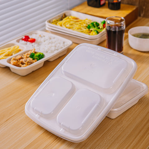 3 Compartment Compostable Rectangular Containers with Lids - 300 sets/case