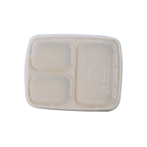 3 Compartment Compostable Rectangular Containers with Lids - 300 sets/case