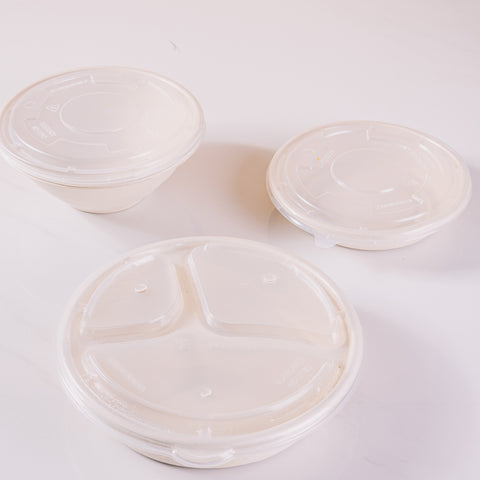 3 Compartment Compostable Round Containers with Lids - 300 sets/case