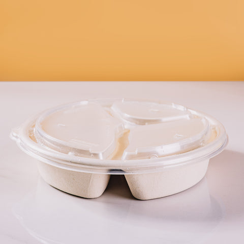 3 Compartment Compostable Round Containers with Lids - 300 sets/case