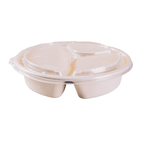 3 Compartment Compostable Round Containers with Lids - 300 sets/case